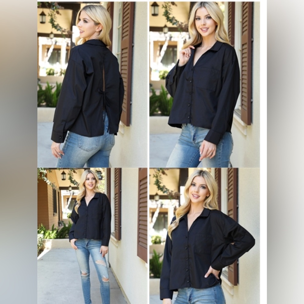 Black back open button down